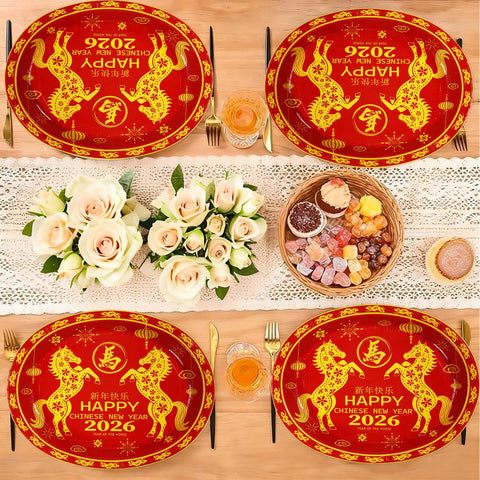 50 Pcs Chinese New Year Horse Oval Party Paper Plates - Grencian