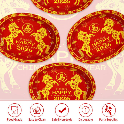 50 Pcs Chinese New Year Horse Oval Party Paper Plates - Grencian