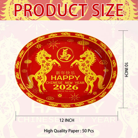 50 Pcs Chinese New Year Horse Oval Party Paper Plates - Grencian
