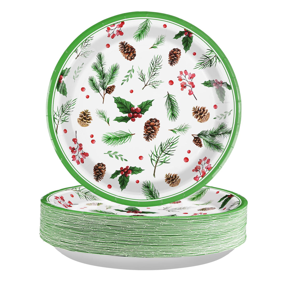 50 Pcs Christmas Berry Pine Cones Party Paper Plates - Grencian