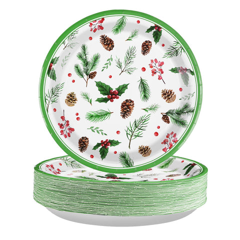 50 Pcs Christmas Berry Pine Cones Party Paper Plates - Grencian
