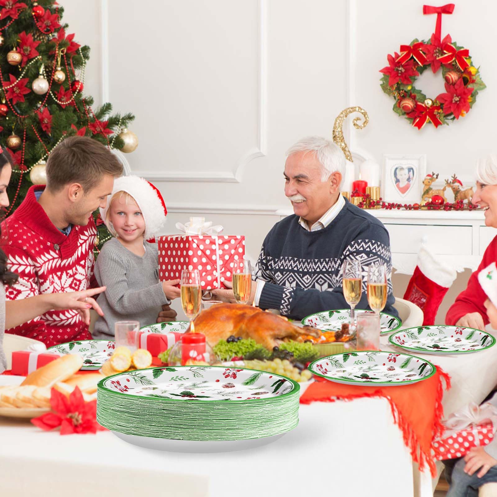 50 Pcs Christmas Berry Pine Cones Party Paper Plates - Grencian
