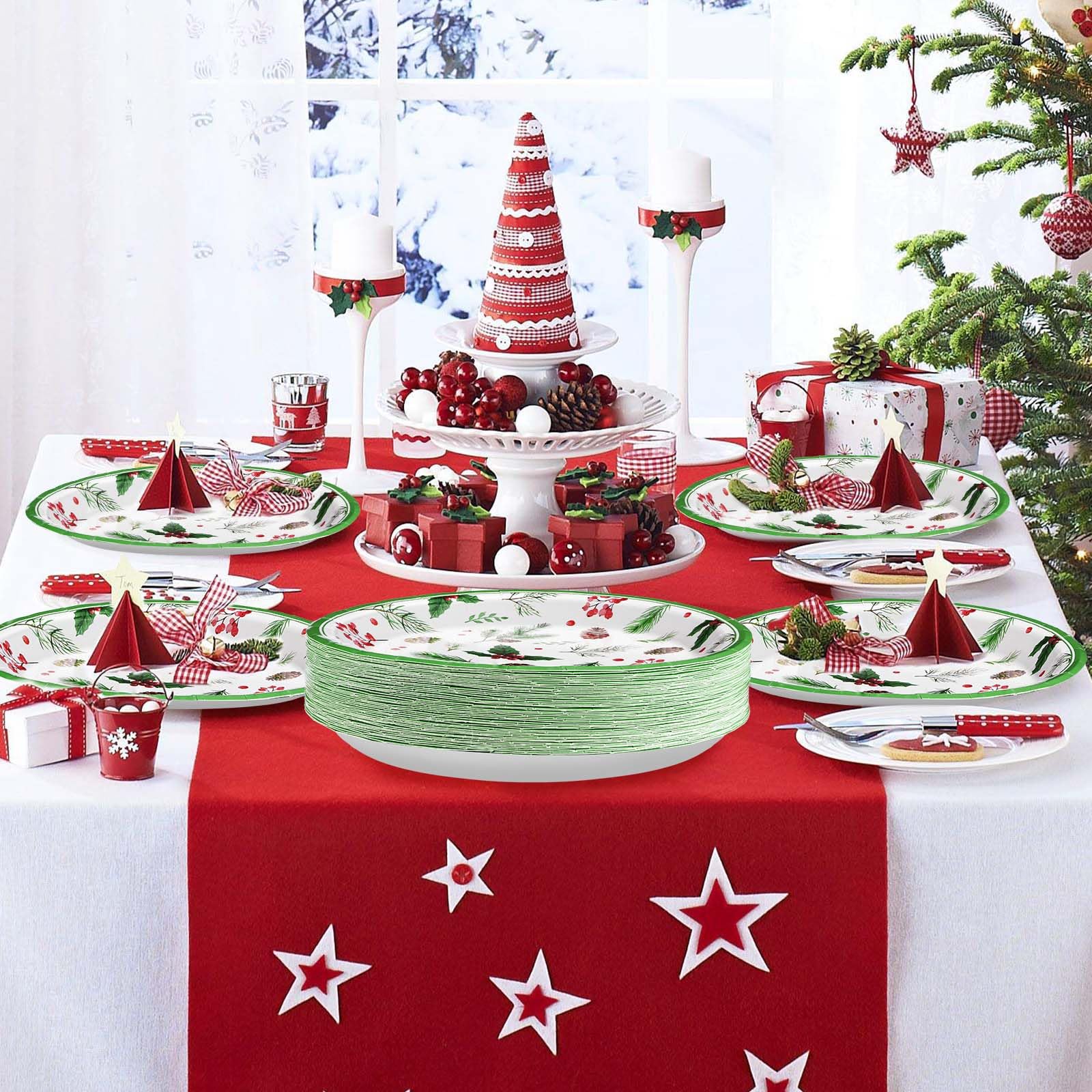 50 Pcs Christmas Berry Pine Cones Party Paper Plates - Grencian