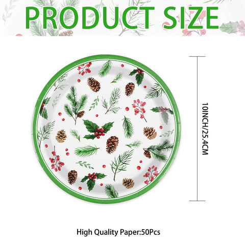 50 Pcs Christmas Berry Pine Cones Party Paper Plates - Grencian