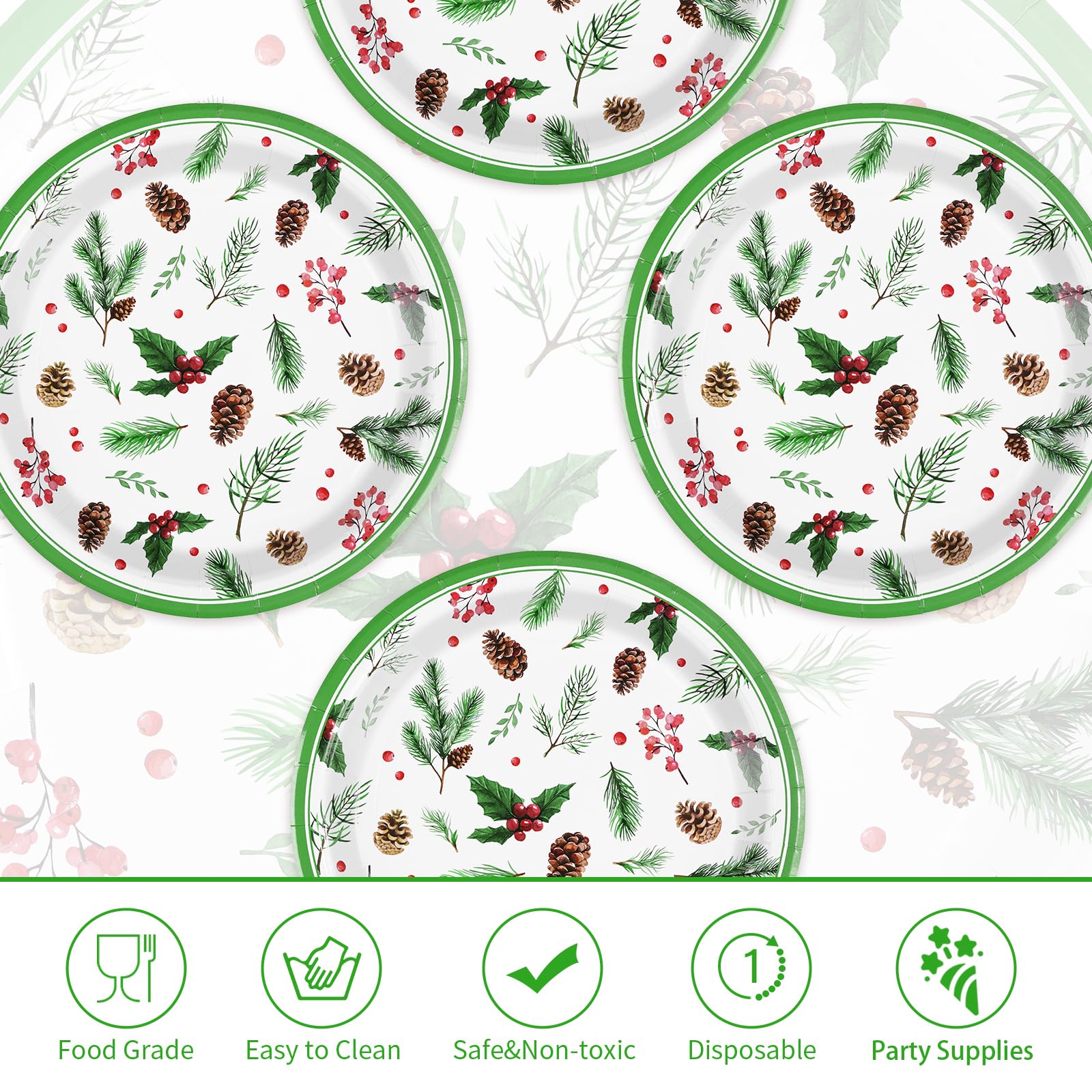 50 Pcs Christmas Berry Pine Cones Party Paper Plates - Grencian