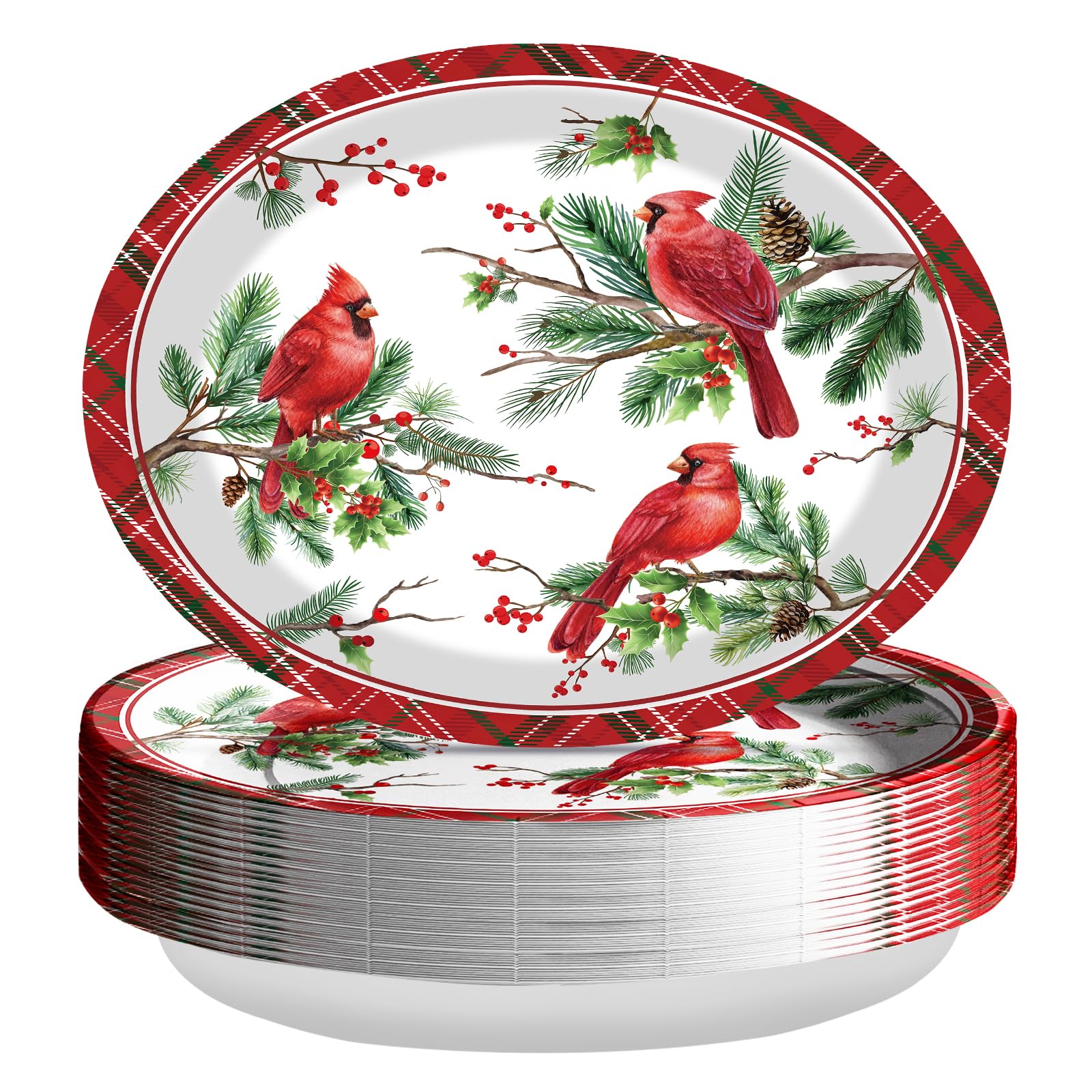 50 Pcs Christmas Cardinal Bird Oval Paper Plates - Grencian