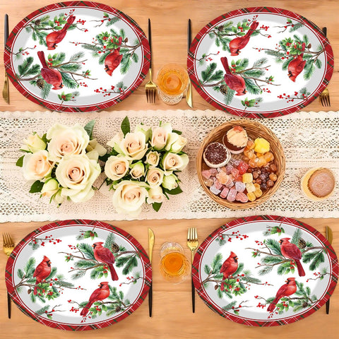 50 Pcs Christmas Cardinal Bird Oval Paper Plates - Grencian