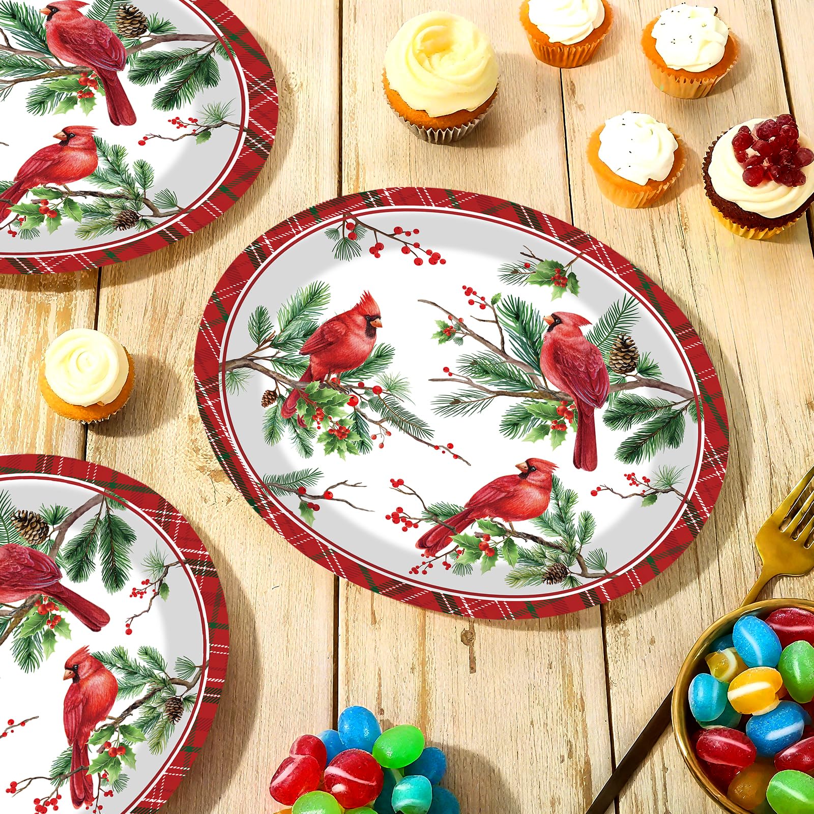 50 Pcs Christmas Cardinal Bird Oval Paper Plates - Grencian