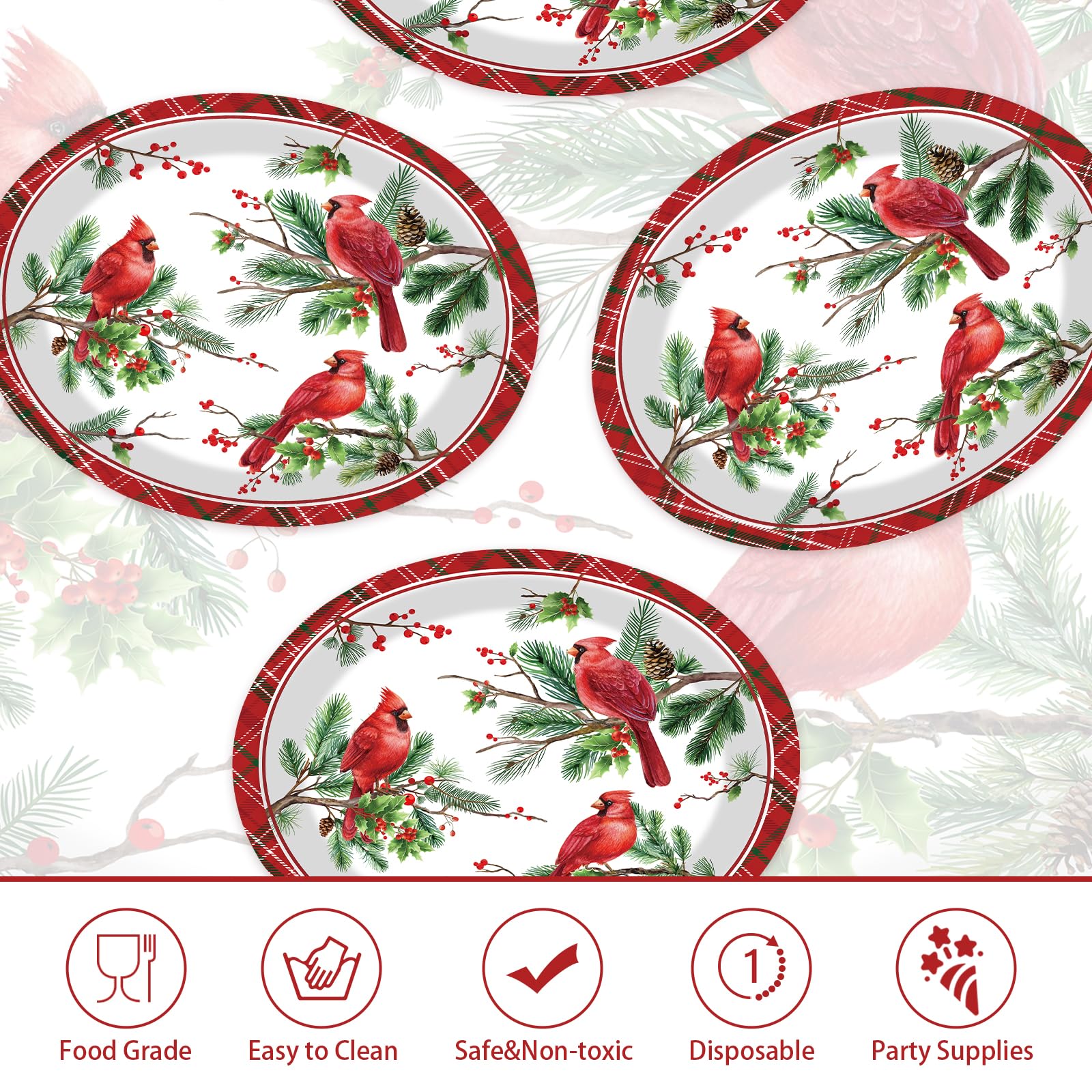 50 Pcs Christmas Cardinal Bird Oval Paper Plates - Grencian