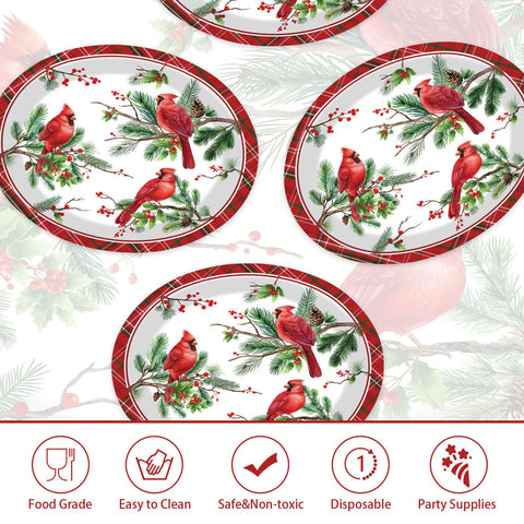 50 Pcs Christmas Cardinal Bird Oval Paper Plates - Grencian