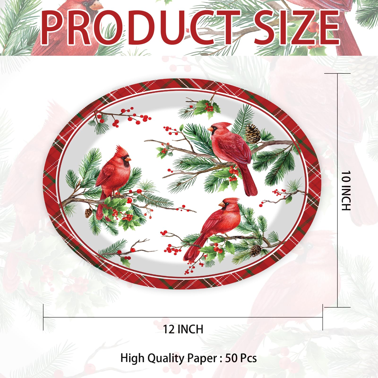 50 Pcs Christmas Cardinal Bird Oval Paper Plates - Grencian