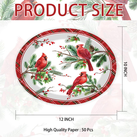 50 Pcs Christmas Cardinal Bird Oval Paper Plates - Grencian