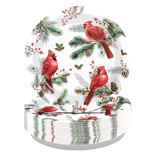 50 Pcs Christmas Cardinal Bird Party Paper Plates - Grencian