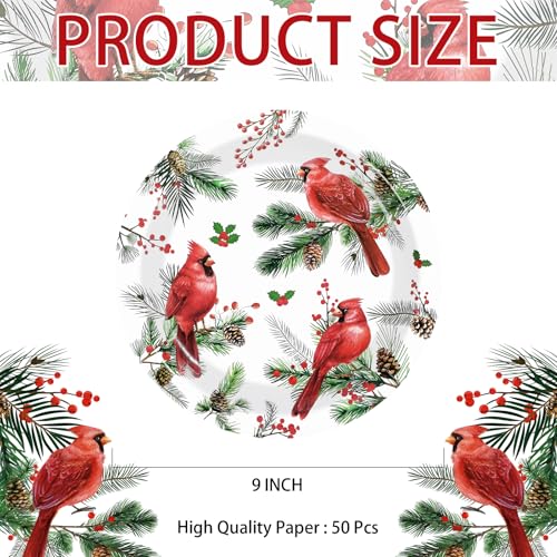 50 Pcs Christmas Cardinal Bird Party Paper Plates - Grencian