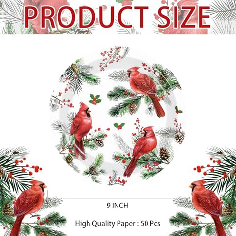 50 Pcs Christmas Cardinal Bird Party Paper Plates - Grencian
