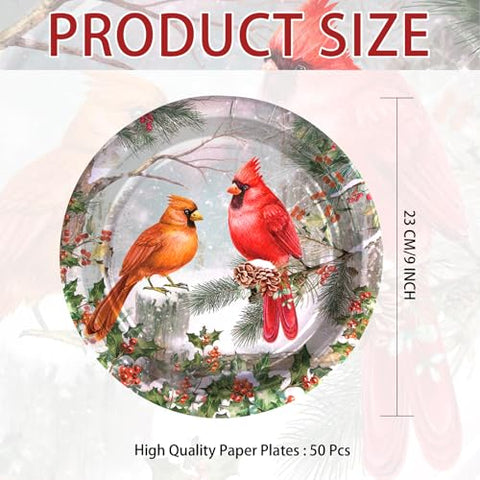 50 Pcs Christmas Cardinal Party Paper Plates - Grencian