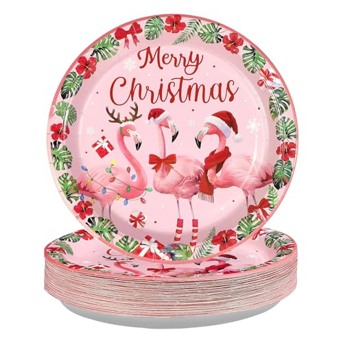 50 Pcs Christmas Flamingo Party Paper Plates - Grencian