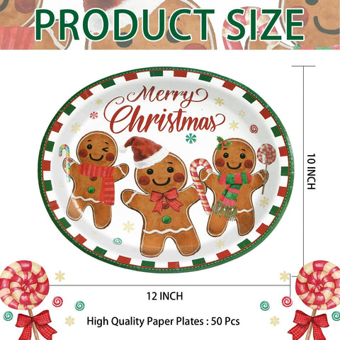 50 Pcs Christmas Gingerbread Man Oval Paper Plates - Grencian