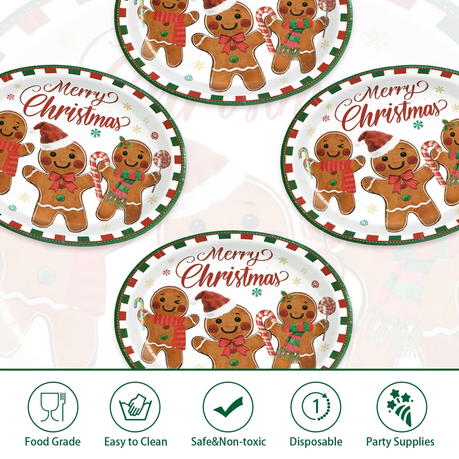 50 Pcs Christmas Gingerbread Man Oval Paper Plates - Grencian