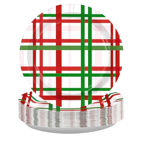 50 Pcs Christmas Gingham Party Paper Plates - Grencian