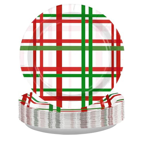 50 Pcs Christmas Gingham Party Paper Plates - Grencian