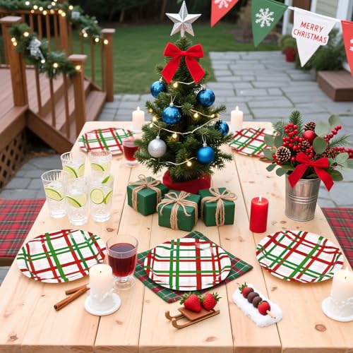 50 Pcs Christmas Gingham Party Paper Plates - Grencian