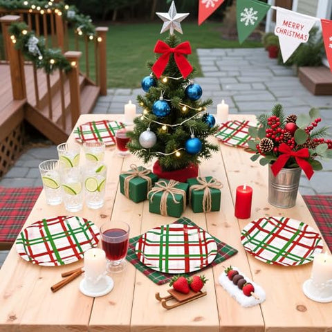 50 Pcs Christmas Gingham Party Paper Plates - Grencian