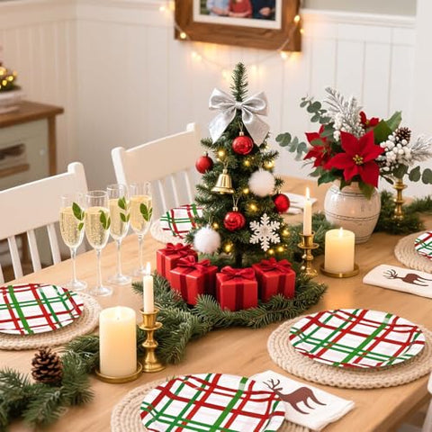 50 Pcs Christmas Gingham Party Paper Plates - Grencian