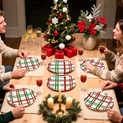50 Pcs Christmas Gingham Party Paper Plates - Grencian