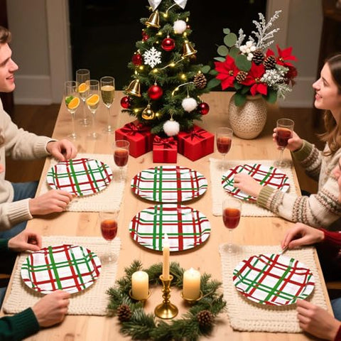 50 Pcs Christmas Gingham Party Paper Plates - Grencian