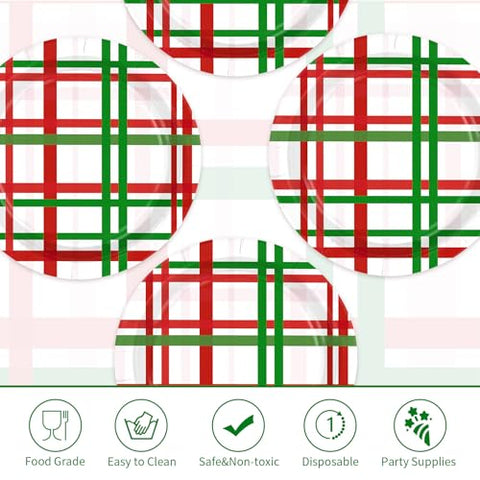 50 Pcs Christmas Gingham Party Paper Plates - Grencian