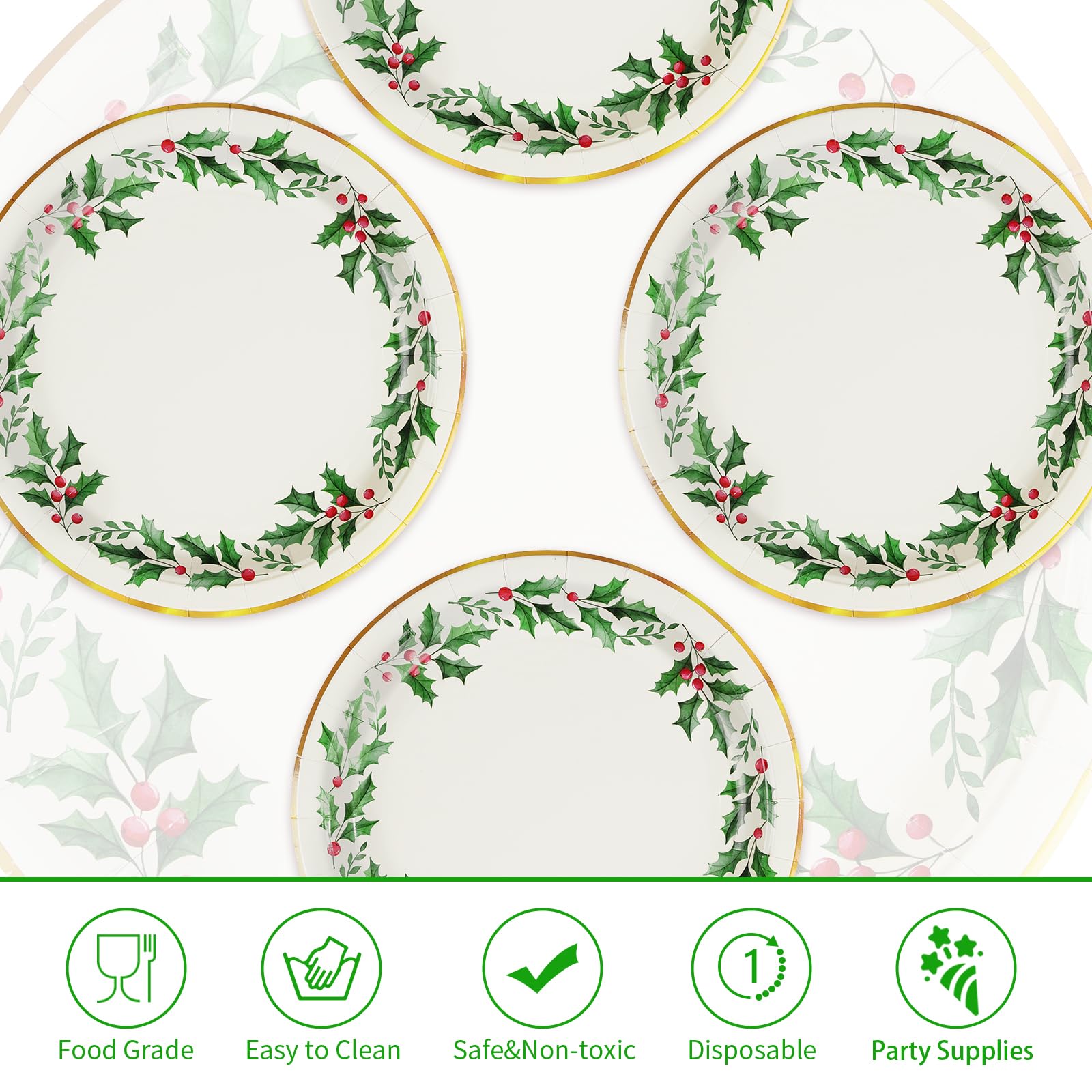 50 Pcs Christmas Holly Leaf Party Paper Plates - Grencian