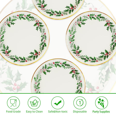 50 Pcs Christmas Holly Leaf Party Paper Plates - Grencian