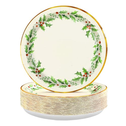 50 Pcs Christmas Holly Leaves Party Paper Plates