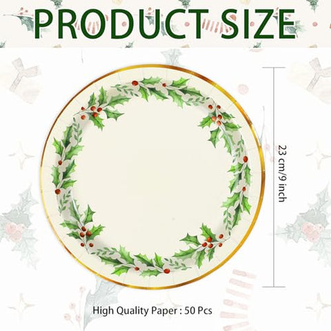 50 Pcs Christmas Holly Leaves Party Paper Plates