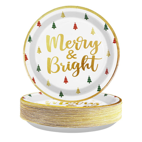 50 Pcs Christmas Merry and Bright Party Paper Plates - Grencian