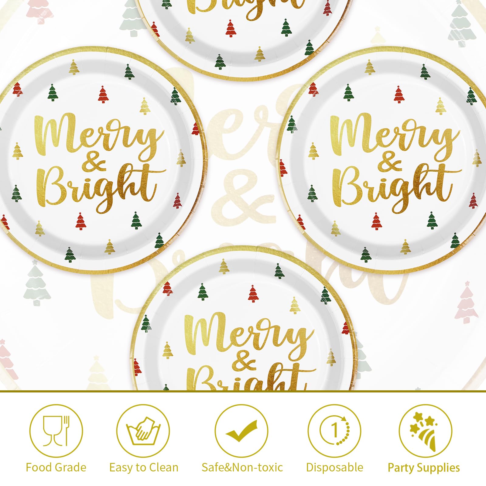 50 Pcs Christmas Merry and Bright Party Paper Plates - Grencian