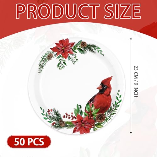 50 Pcs Christmas Red Cardinal Bird Party Paper Plates - Grencian