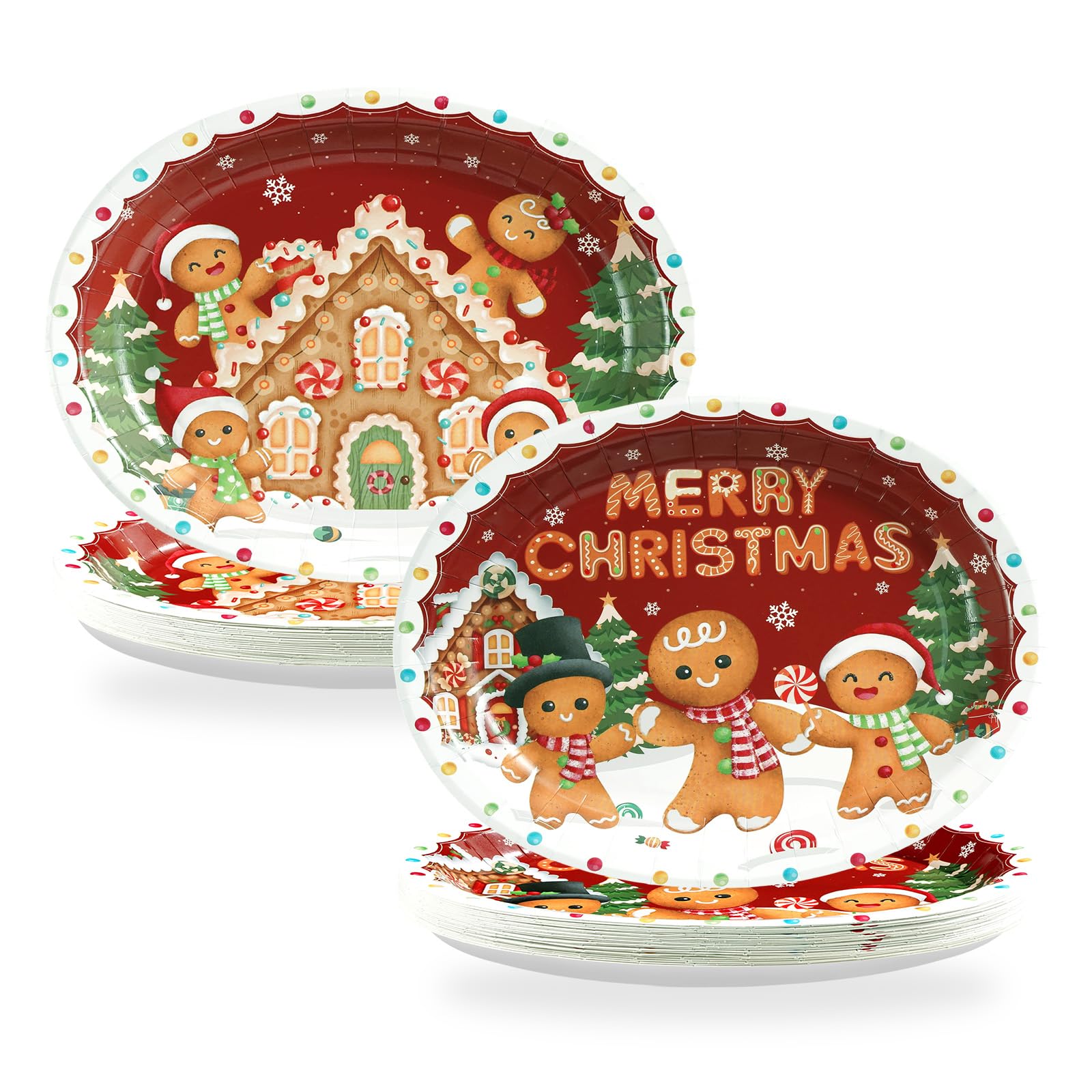 50 Pcs Christmas Red Gingerbread Man Oval Paper Plates - Grencian