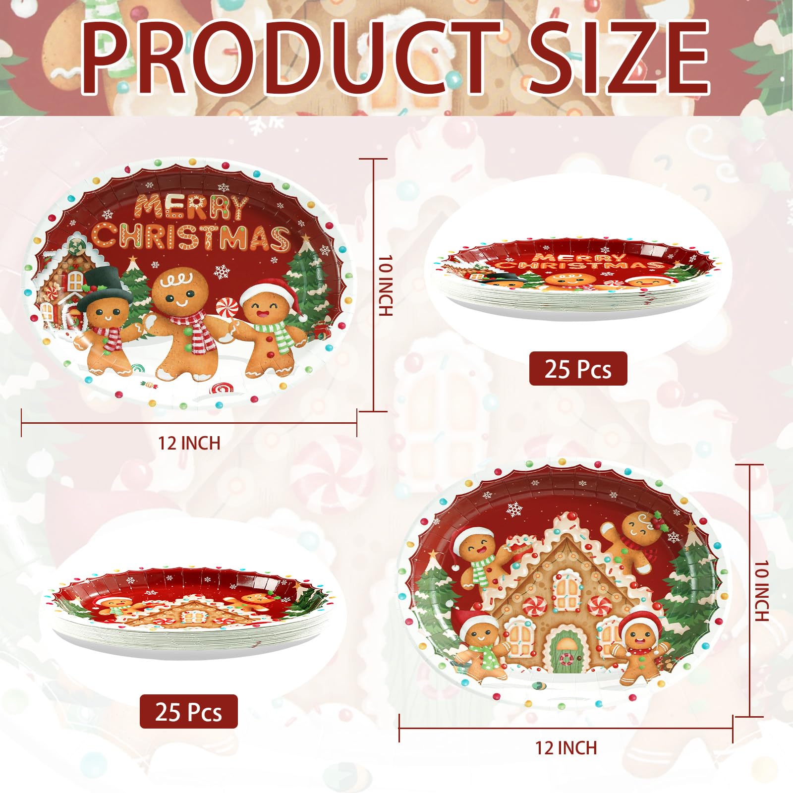 50 Pcs Christmas Red Gingerbread Man Oval Paper Plates - Grencian