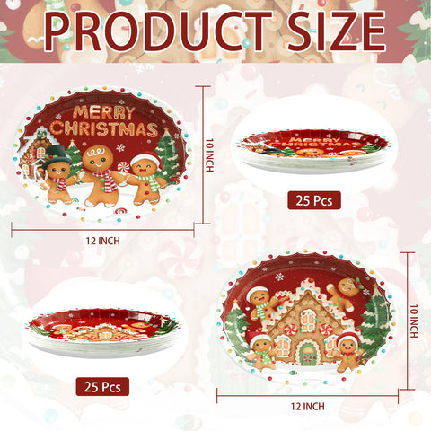 50 Pcs Christmas Red Gingerbread Man Oval Paper Plates - Grencian