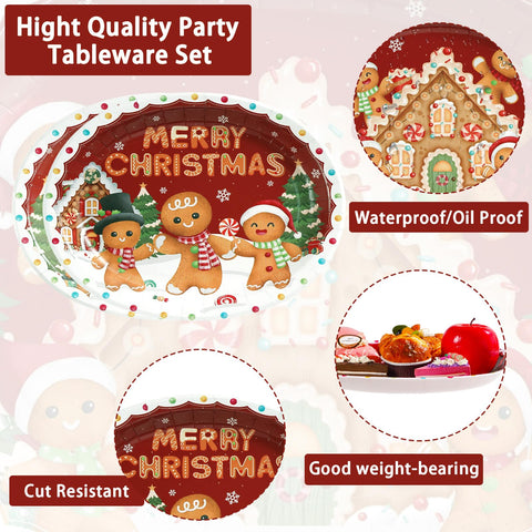 50 Pcs Christmas Red Gingerbread Man Oval Paper Plates - Grencian