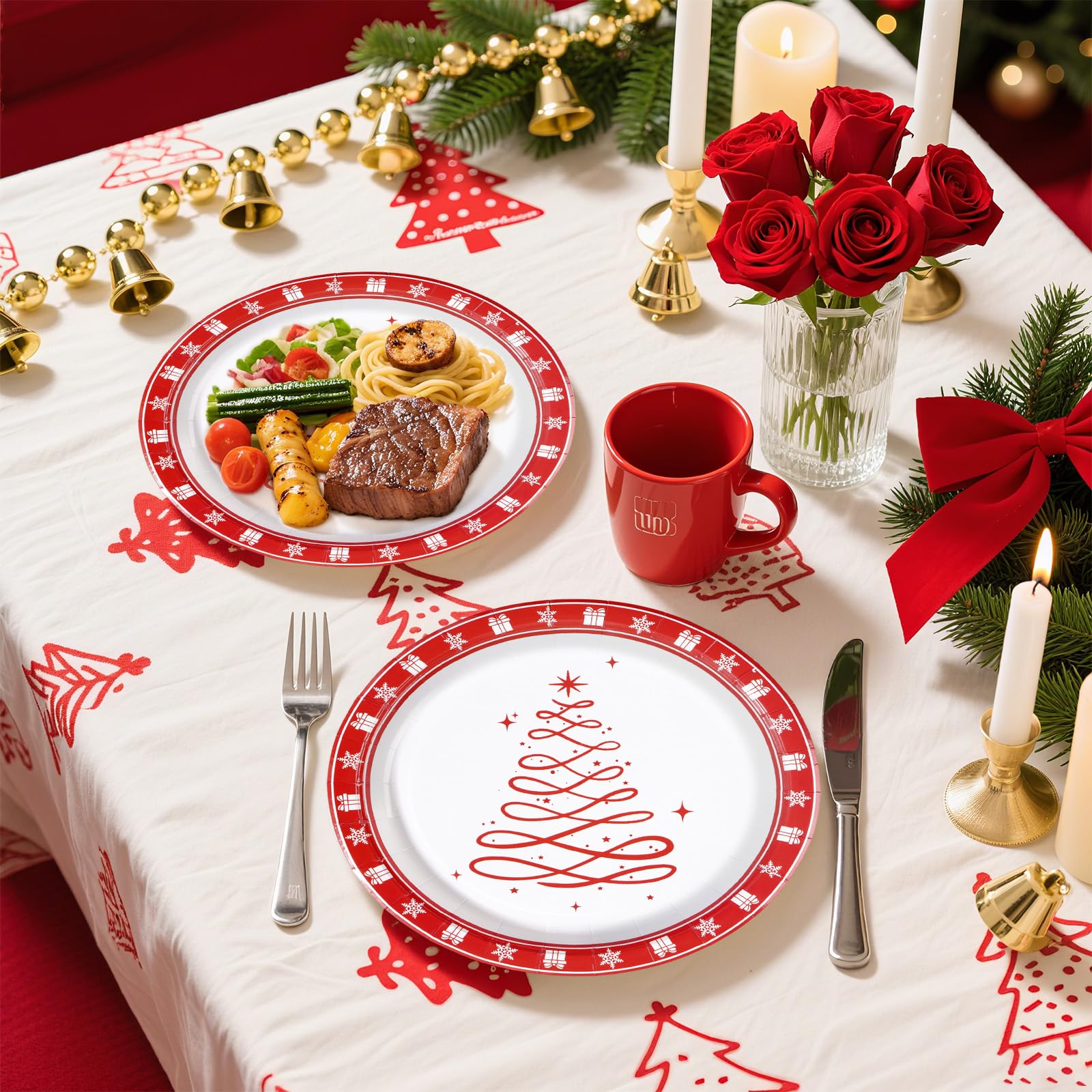 50 Pcs Christmas Red Tree Party Paper Plates - Grencian