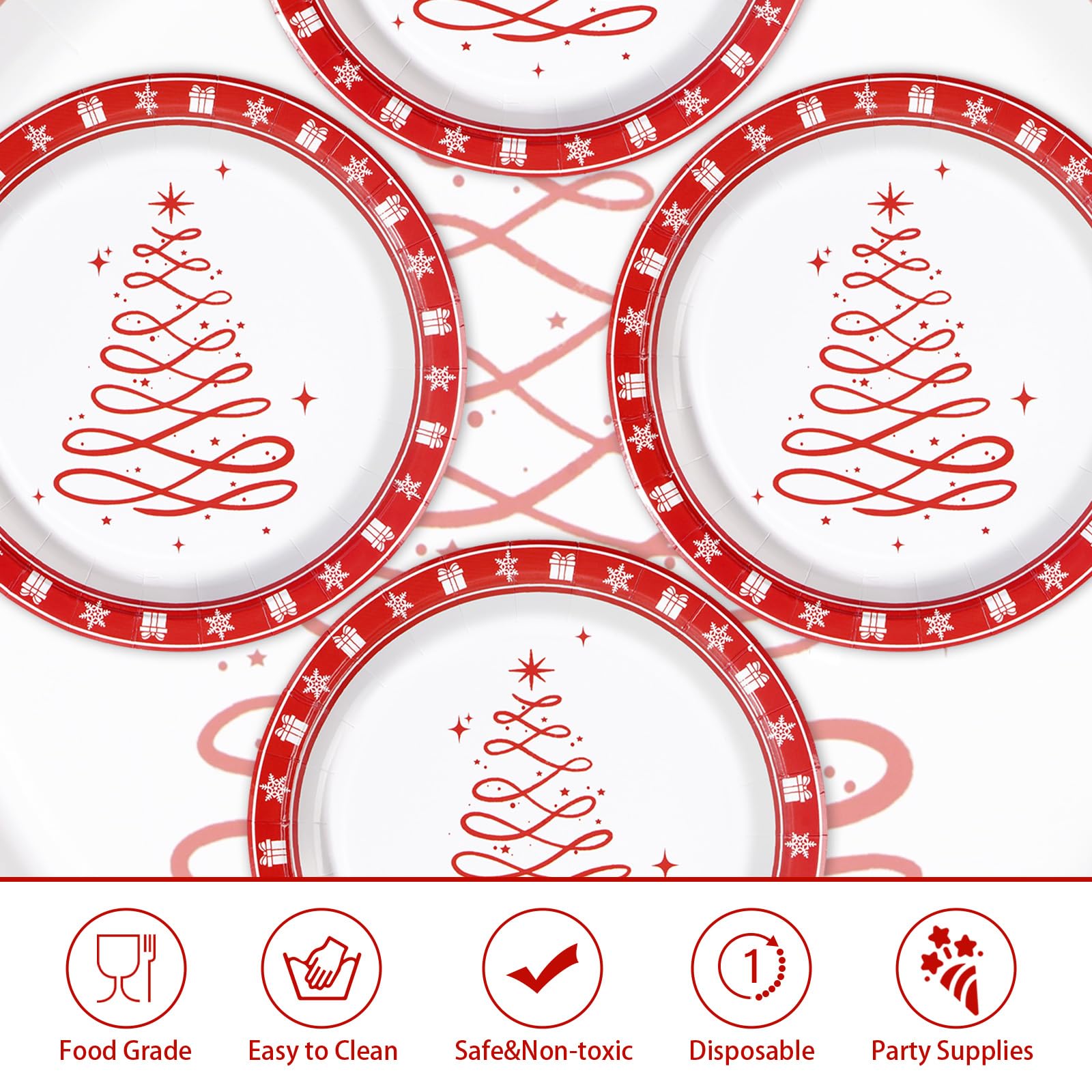 50 Pcs Christmas Red Tree Party Paper Plates - Grencian