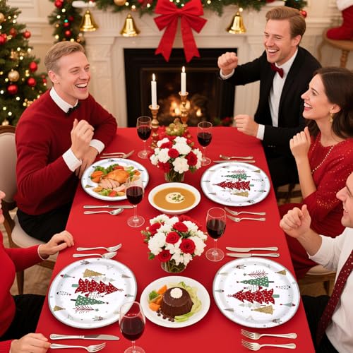 50Pcs Christmas Red Trees Oval Paper Plates - Grencian