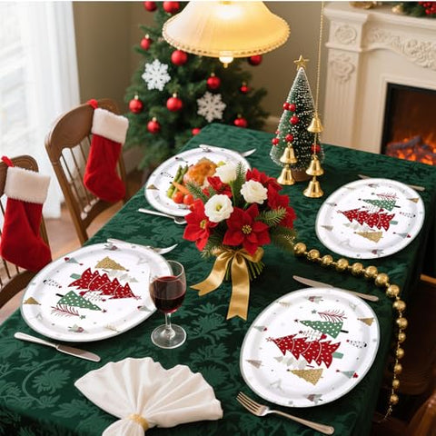 50Pcs Christmas Red Trees Oval Paper Plates - Grencian