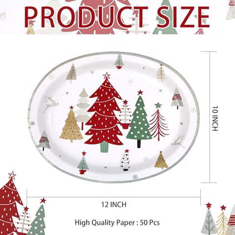 50Pcs Christmas Red Trees Oval Paper Plates - Grencian