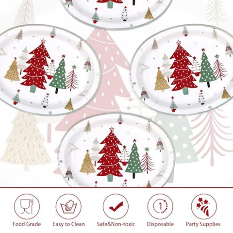 50Pcs Christmas Red Trees Oval Paper Plates - Grencian