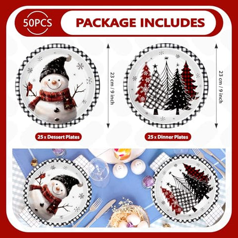 50 Pcs Christmas Trees Snowman Party Paper Plates - Grencian