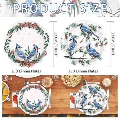 50 Pcs Christmas Winter Blue Jay Party Paper Plates - Grencian